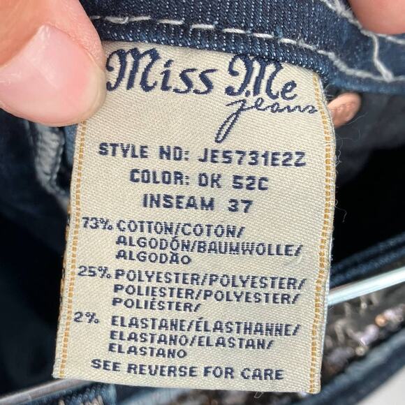 Miss Me Dark Blue Wash Easy Boot Sequin Stretch Flap Pockets Bootcut Jeans Pants - Picture 5 of 11